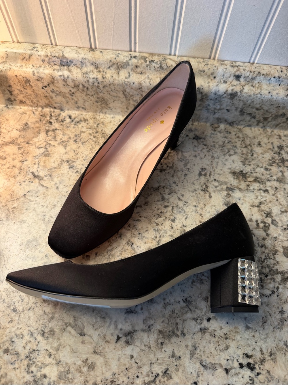 kate spade ♠️ Black Satin Block Heel Pumps Crystal-Embellished Heel Dolores Too